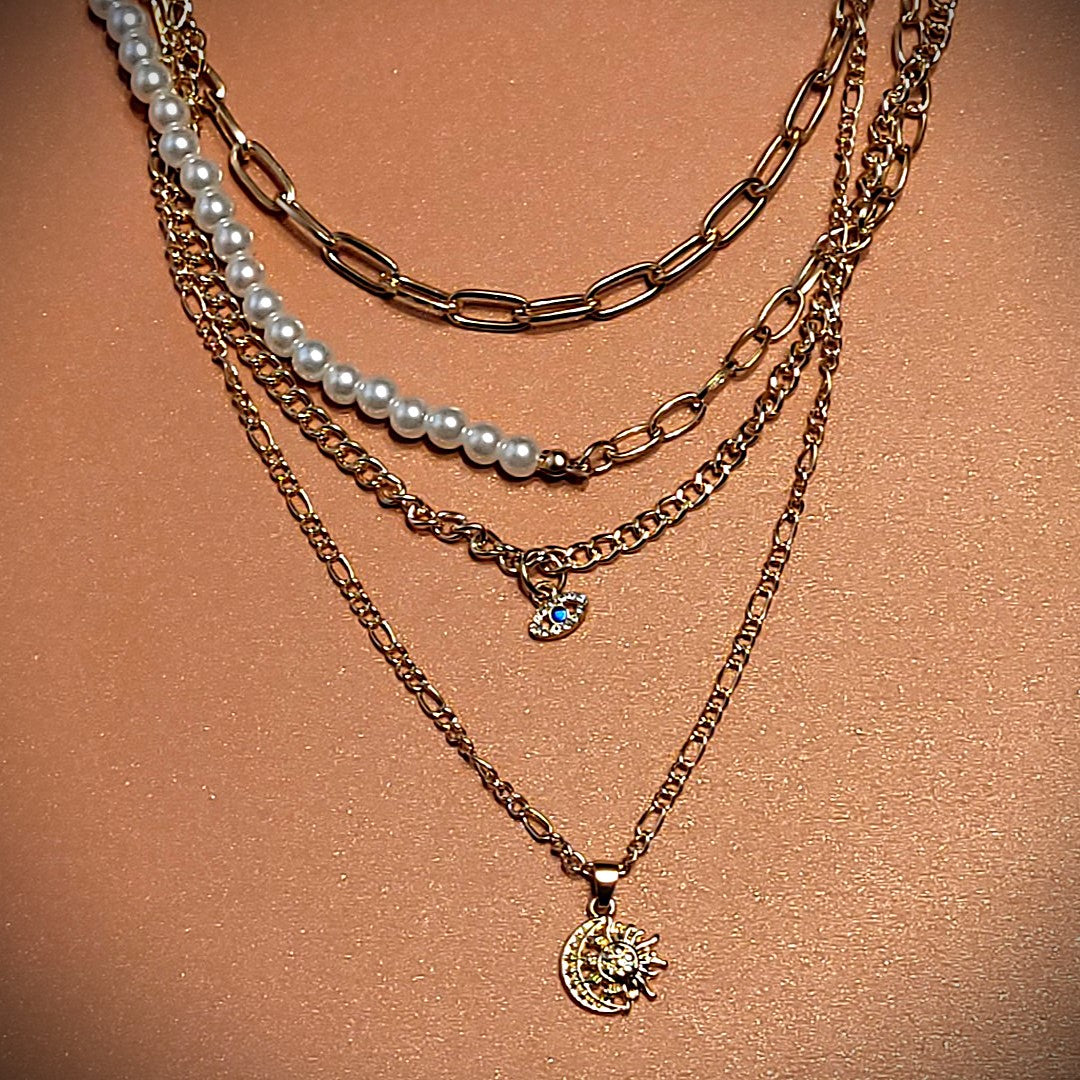 Pearl, Sun, Moon and Evil Eye Necklace all in one