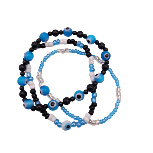 3 Blue Evil Eye Stretchy Bracelets