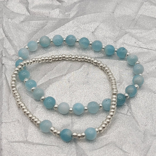 2  Aquamarine and silver seed beads 7" bracelets