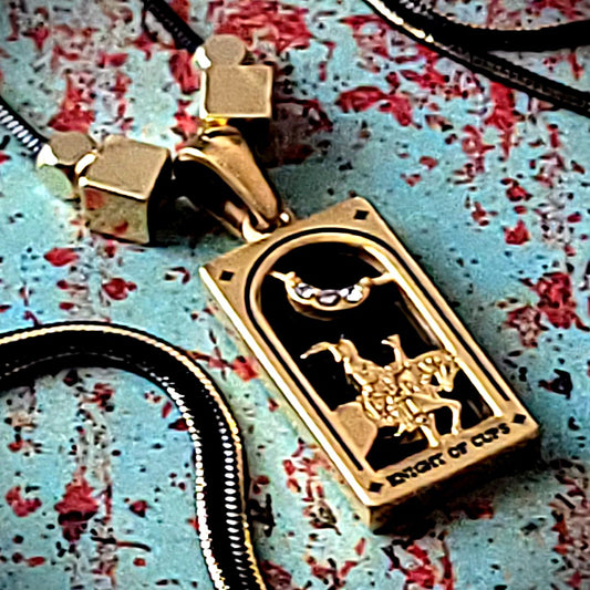 18K Knight of the Cup Tarot Card Black and Gold Necklace.